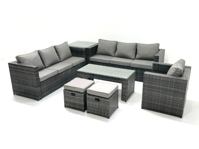 Fimous Rattan Garden Furniture Set Outdoor 9 Seater Patio Conversation Sets with Glass Top Coffee Table Stool Side Table in Dark Grey - image 1