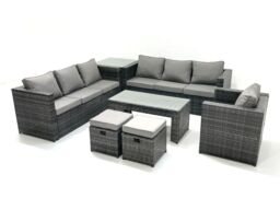 Fimous Rattan Garden Furniture Set Outdoor 9 Seater Patio Conversation Sets with Glass Top Coffee Table Stool Side Table in Dark Grey - thumbnail 1