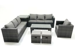 Fimous Rattan Garden Furniture Set Outdoor 9 Seater Patio Conversation Sets with Glass Top Coffee Table Stool Side Table in Dark Grey - thumbnail 2
