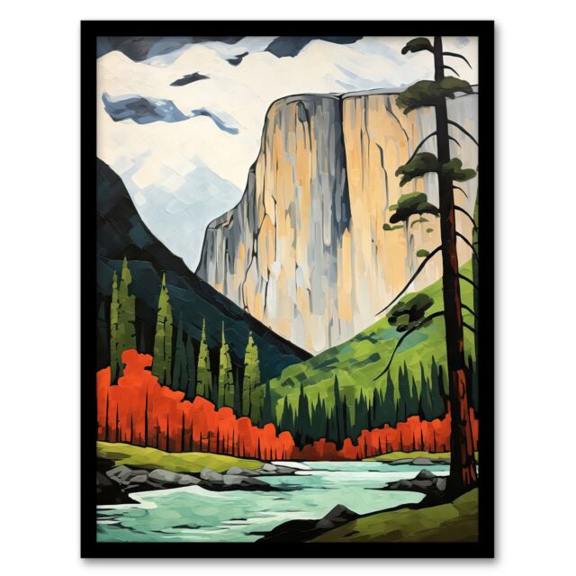"Artery8 El Capitan Autumn Colours Artwork Striking Landmark In Yosemite National Park Art Print Framed Poster Wall Decor in Black - Size: W12"" x H16""" - image 1