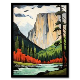"Artery8 El Capitan Autumn Colours Artwork Striking Landmark In Yosemite National Park Art Print Framed Poster Wall Decor in Black - Size: W12"" x H16""" - thumbnail 1