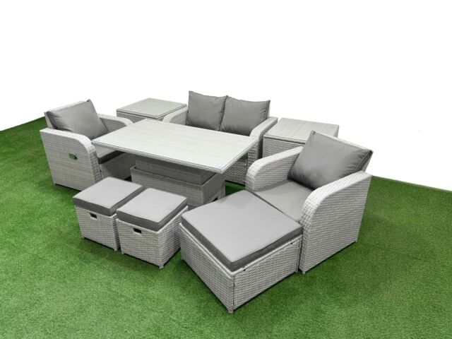 Fimous Light Grey PE Wicker Rattan Garden Furniture Set Sofa Set Reclining Chair Adjustable Lifting Dining or Coffee Table 7 Seater 3 Stools 2 Side - image 1