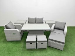 Fimous Light Grey PE Wicker Rattan Garden Furniture Set Sofa Set Reclining Chair Adjustable Lifting Dining or Coffee Table 7 Seater 3 Stools 2 Side - thumbnail 2