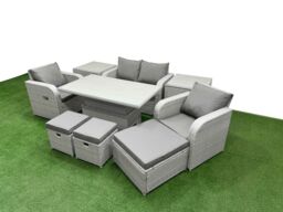 Fimous Light Grey PE Wicker Rattan Garden Furniture Set Sofa Set Reclining Chair Adjustable Lifting Dining or Coffee Table 7 Seater 3 Stools 2 Side - thumbnail 1