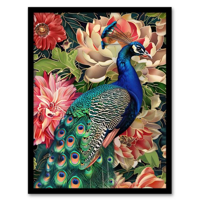 "Artery8 Peacock Bird with Flower Pattern Stylised Design Framed Art Print in Green - Size: W12"" x H16""" - image 1
