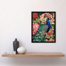 "Artery8 Peacock Bird with Flower Pattern Stylised Design Framed Art Print in Green - Size: W12"" x H16""" - thumbnail 4