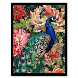 "Artery8 Peacock Bird with Flower Pattern Stylised Design Framed Art Print in Green - Size: W12"" x H16""" - thumbnail 1
