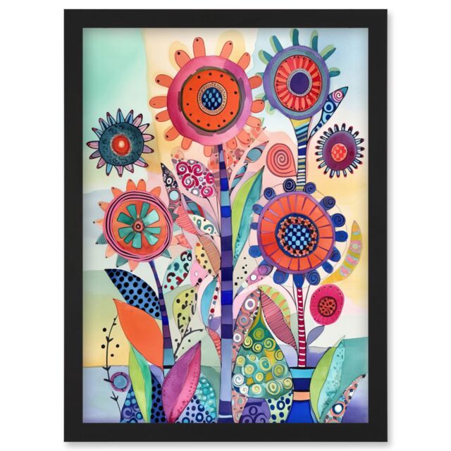 Artery8 Large Flower Blooms With Embroidery Style Patterns Folk Art Watercolour Painting Artwork Framed Wall Art Print A4 in Black - image 1
