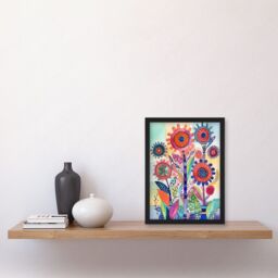 Artery8 Large Flower Blooms With Embroidery Style Patterns Folk Art Watercolour Painting Artwork Framed Wall Art Print A4 in Black - thumbnail 2