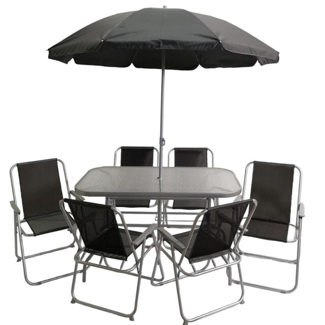 Samuel Alexander 6 Person Garden Furniture Patio Set Table, 6 Chairs & Parasol in Black - image 1