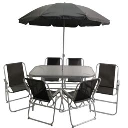 Samuel Alexander 6 Person Garden Furniture Patio Set Table, 6 Chairs & Parasol in Black - thumbnail 1