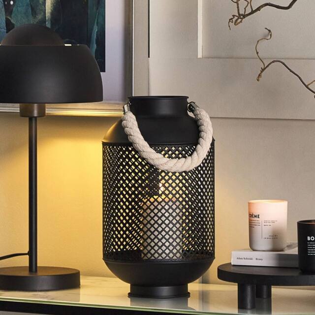 Wyld and Coco Black Metal Lantern with Rope Handle - Openwork Filigree Single Candle - image 1