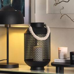 Wyld and Coco Black Metal Lantern with Rope Handle - Openwork Filigree Single Candle - thumbnail 1