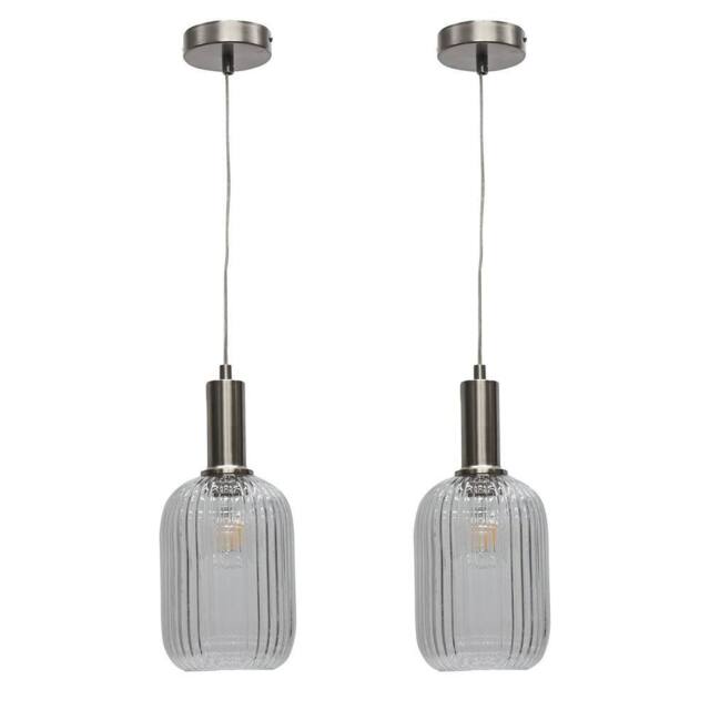 First Choice Lighting Set of 2 Batley - Clear Ribbed Glass Satin Nickel Deco Pendants - image 1