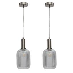 First Choice Lighting Set of 2 Batley - Clear Ribbed Glass Satin Nickel Deco Pendants - thumbnail 1
