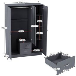 Home Discount Vida Designs Riano 3 Door 2 Drawer Mirrored Wardrobe Storage Organizer in Grey - thumbnail 2