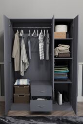 Home Discount Vida Designs Riano 3 Door 2 Drawer Mirrored Wardrobe Storage Organizer in Grey - thumbnail 4