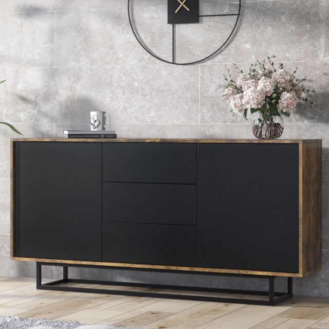 Creative Furniture Vista Loft Sideboard 140cm - Industrial Storage with Rustic, Oak & Black Matt Doors in Dark Brown