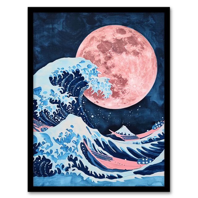 "Artery8 Large Pink Full Moon Great Wave Surreal Painting Framed Wall Art in Blue - Size: W12"" x H16""" - image 1
