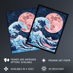 "Artery8 Large Pink Full Moon Great Wave Surreal Painting Framed Wall Art in Blue - Size: W12"" x H16""" - thumbnail 2