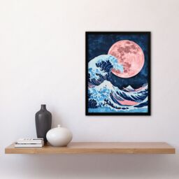 "Artery8 Large Pink Full Moon Great Wave Surreal Painting Framed Wall Art in Blue - Size: W12"" x H16""" - thumbnail 4