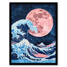 "Artery8 Large Pink Full Moon Great Wave Surreal Painting Framed Wall Art in Blue - Size: W12"" x H16""" - thumbnail 1