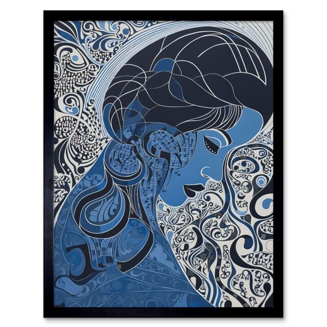"Artery8 Wall Art Print Melancholy in Blue Woman Modern Folk Art Portrait Art Framed in Black - Size: W12"" x H16""" - image 1