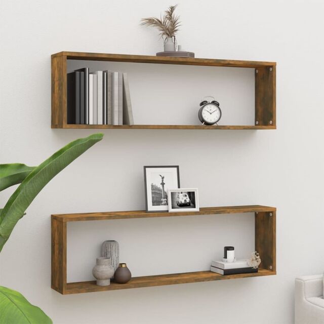 Berkfield Home Wall Cube Shelves 2 pcs Smoked Oak 100x15x30 cm Engineered Wood in Brown - Size: 100 x 15 x 30 cm - image 1