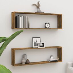 Berkfield Home Wall Cube Shelves 2 pcs Smoked Oak 100x15x30 cm Engineered Wood in Brown - Size: 100 x 15 x 30 cm - thumbnail 1