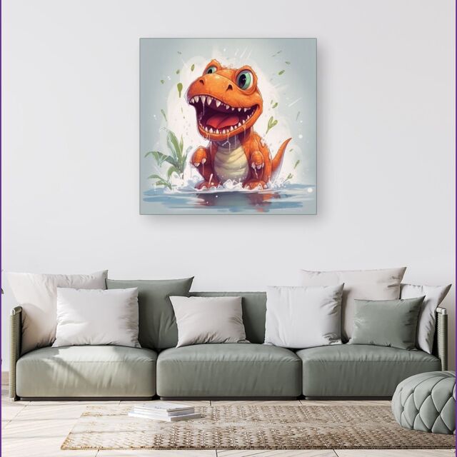 Warren Reed - Designer Dino Having A Splash Canvas in Orange - Size: w40 inch x h40 inch - image 1
