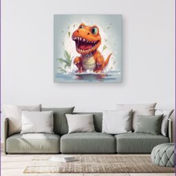 Warren Reed - Designer Dino Having A Splash Canvas in Orange - Size: w40 inch x h40 inch - thumbnail 1