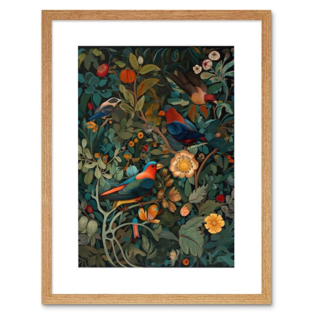 "Artery8 Wall Art Print Parrots on Exotic Blooming Trees Modern Folk Artwork Framed 9X7 Inch in Beige - Size: W7"" x H9""" - image 1