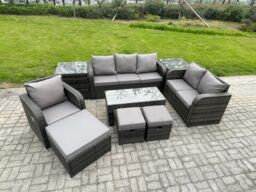 Fimous High Back Rattan Garden Furniture Set w/ Loveseat Sofa Rectangular Coffee Table 2 Side Tables 3 Footstools Indoor Outdoor Patio Lounge Sofa - thumbnail 2