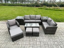 Fimous High Back Rattan Garden Furniture Set w/ Loveseat Sofa Rectangular Coffee Table 2 Side Tables 3 Footstools Indoor Outdoor Patio Lounge Sofa - thumbnail 1