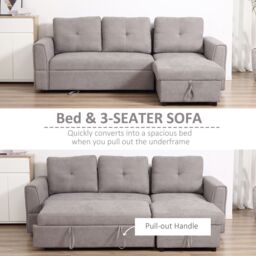 HOMCOM Linen-Look L-Shaped Sofa Bed with Storage Bed Sleeper Flat Studio in Grey - thumbnail 4