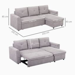 HOMCOM Linen-Look L-Shaped Sofa Bed with Storage Bed Sleeper Flat Studio in Grey - thumbnail 3