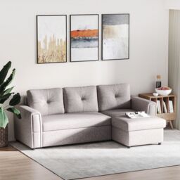 HOMCOM Linen-Look L-Shaped Sofa Bed with Storage Bed Sleeper Flat Studio in Grey - thumbnail 1