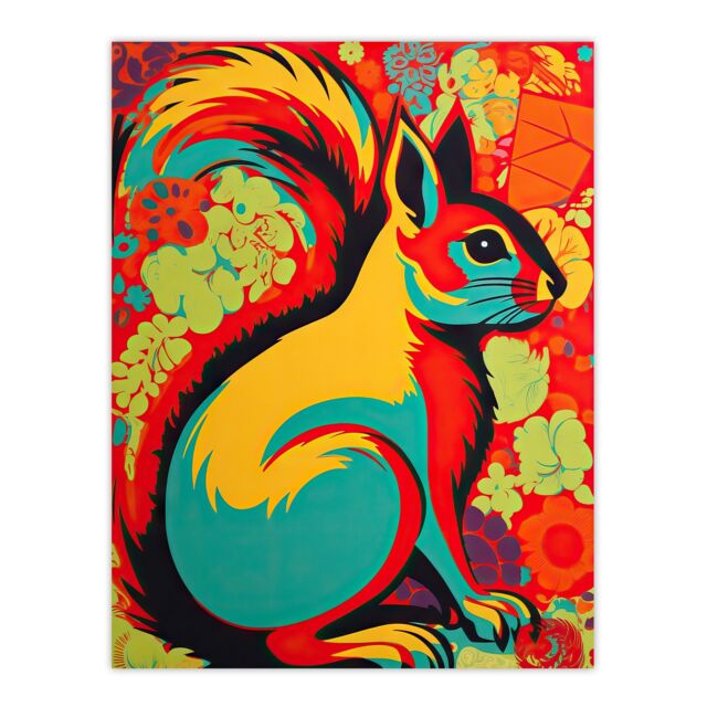 "Artery8 Wall Art Print Autumn Squirrel Screen Neon Red Orange Yellow Teal Abstract Vibrant Bold Bright Colourful Painting Poster - Size: W24"" x H32""" - image 1