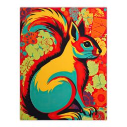 "Artery8 Wall Art Print Autumn Squirrel Screen Neon Red Orange Yellow Teal Abstract Vibrant Bold Bright Colourful Painting Poster - Size: W24"" x H32""" - thumbnail 1
