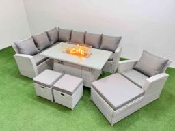 Fimous 10 Seat Rattan Garden Furniture Corner Sofa Set Outdoor Gas Fire Pit Table Sets with 3 Footstools Light Grey - thumbnail 1