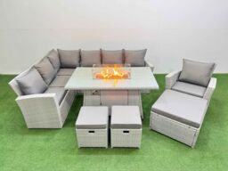 Fimous 10 Seat Rattan Garden Furniture Corner Sofa Set Outdoor Gas Fire Pit Table Sets with 3 Footstools Light Grey - thumbnail 2