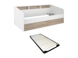 Vente-unique Bed 90 X 190/200 Cm With Storage - White & Natural + Bed Base in Light Oak - Size: Single - thumbnail 2