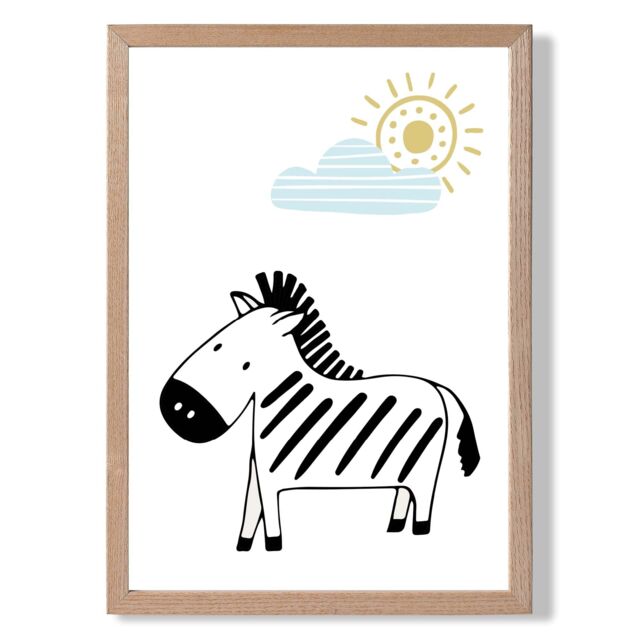 ARTZE Cute Zebra Scandi Animal Framed Print SIZE: A3 with Oak Frame in Pale Blue - Size: A4 - image 1