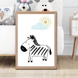 ARTZE Cute Zebra Scandi Animal Framed Print SIZE: A3 with Oak Frame in Pale Blue - Size: A4 - thumbnail 2