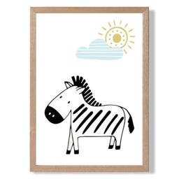 ARTZE Cute Zebra Scandi Animal Framed Print SIZE: A3 with Oak Frame in Pale Blue - Size: A4