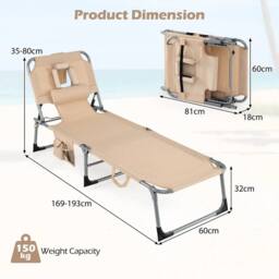 KORVIXA Tanning Chair with 4-Position Adjustable Backrest in Beige - Size: 100 cm - thumbnail 2