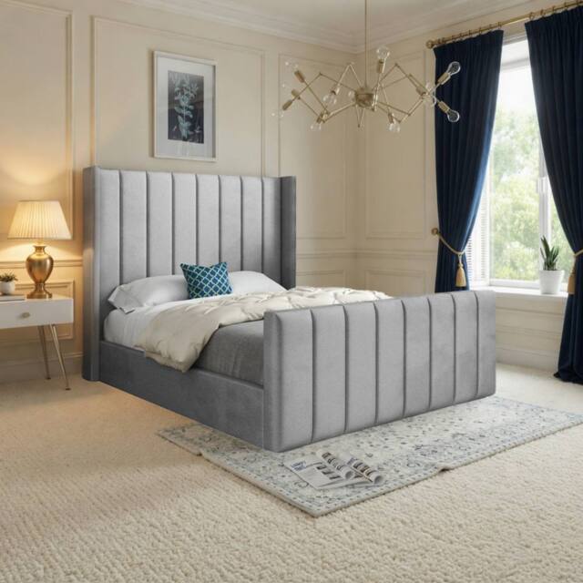 KDMD Strumpshaw Winged Upholstered Grey Soft Velvet Designer Bed Frame - Size: Single - image 1