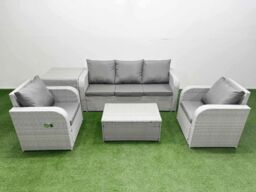 Fimous PE Rattan Garden Furniture Set Reclining Chair Sofa Lounge Sofa Set Oblong Coffee Table Side Table Light Grey - thumbnail 1