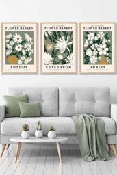 ARTZE Framed Yellow & Grey Geometric Flowers Framed Wall Art - Large in Light Oak - Size: W53 cm x H73 cm x D20mm - thumbnail 1