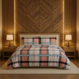 Snug City Duvet Cover & Pillowcase Set Tartan Check Design Polycotton Linen in Pink - Size: King
